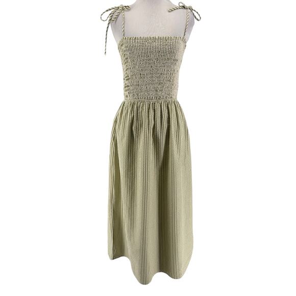 Monteau Women's Sage Green White Striped Smocked Midi Dress Size Medium - Picture 1 of 5